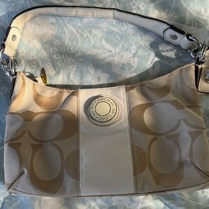 Coach Cream and Tan Signature Shoulder Bag or crossbody with long strap